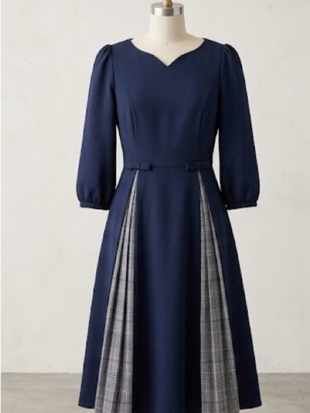 Tocco Closet Navy 3/4 Sleeve Midi Dress w/ Plaid Inset Panels - M